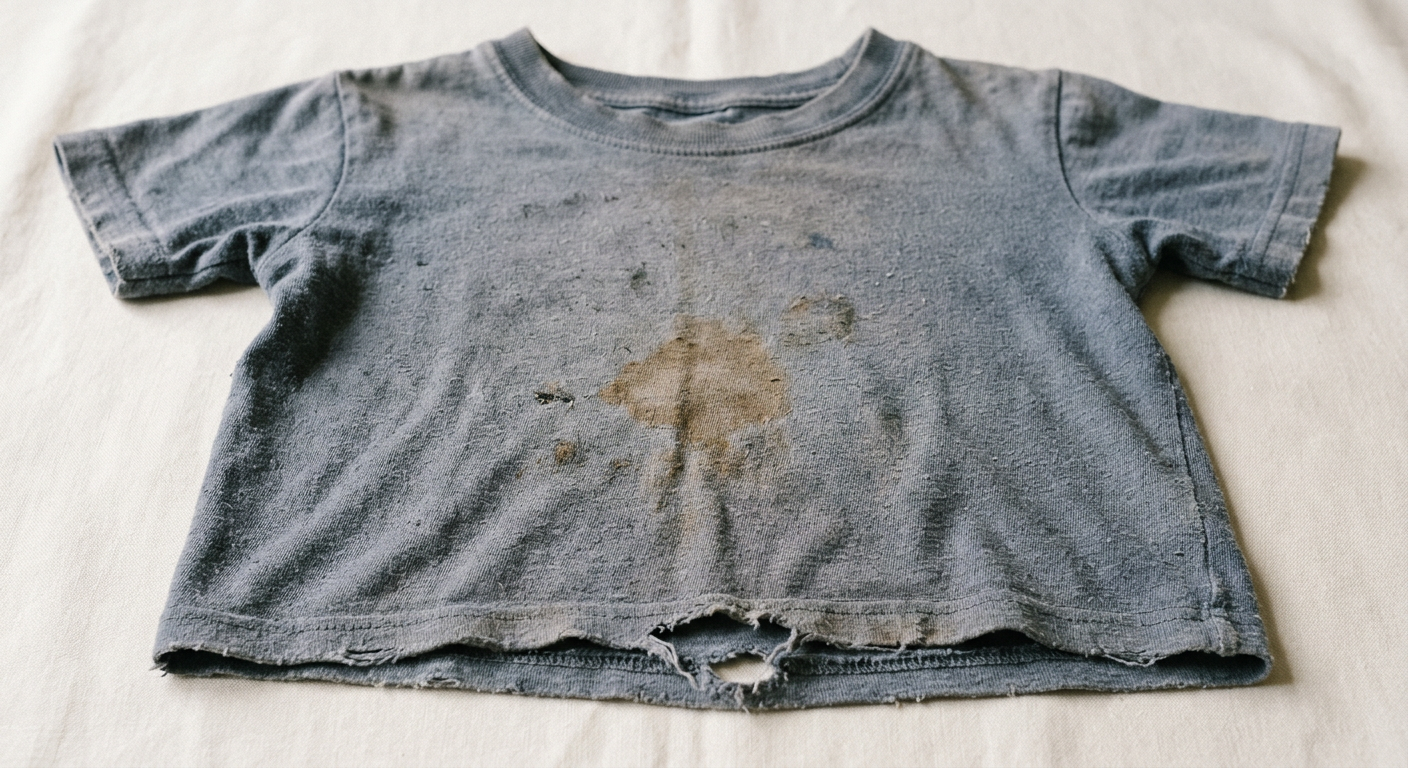 Worn children’s clothing with holes and stains