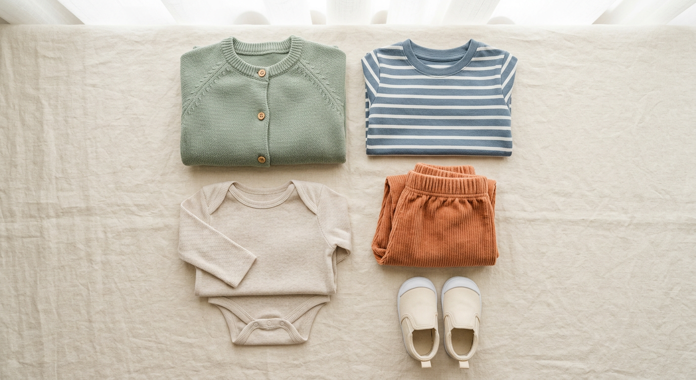 Neatly folded stacks of children’s clothing sorted by size