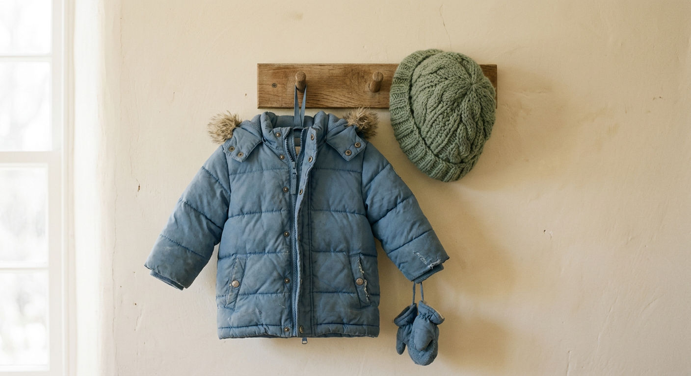 A child’s blue winter coat hanging on a hook