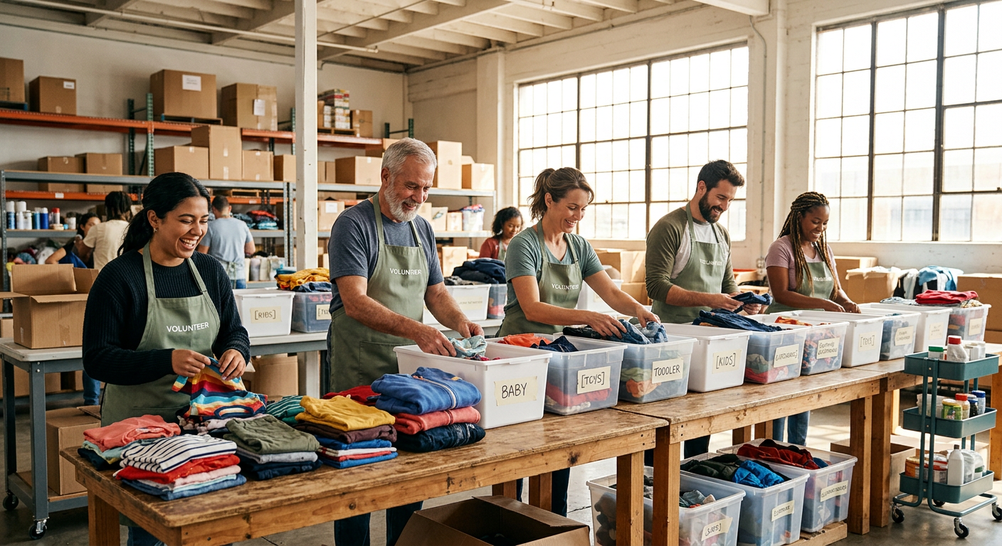 Volunteers sorting children’s clothing at a warehouse table